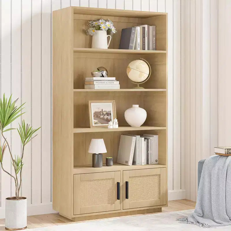 Libreria in rattan a 5 ripiani con armadietto e anta, libreria industriale alta 180,6 cm, libreria a 5 ripiani con struttura in metallo