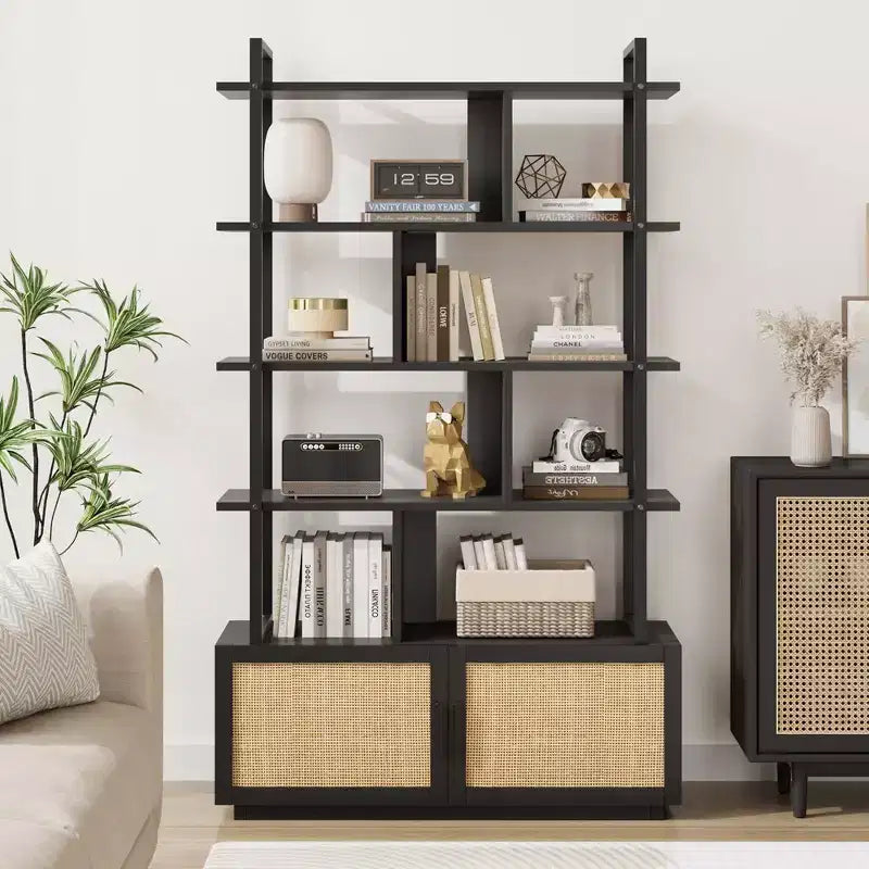 Libreria in rattan a 5 ripiani con armadietto e anta, libreria industriale alta 180,6 cm, libreria a 5 ripiani con struttura in metallo