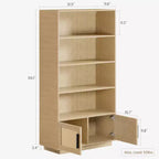 Libreria in rattan a 5 ripiani con armadietto e anta, libreria industriale alta 180,6 cm, libreria a 5 ripiani con struttura in metallo