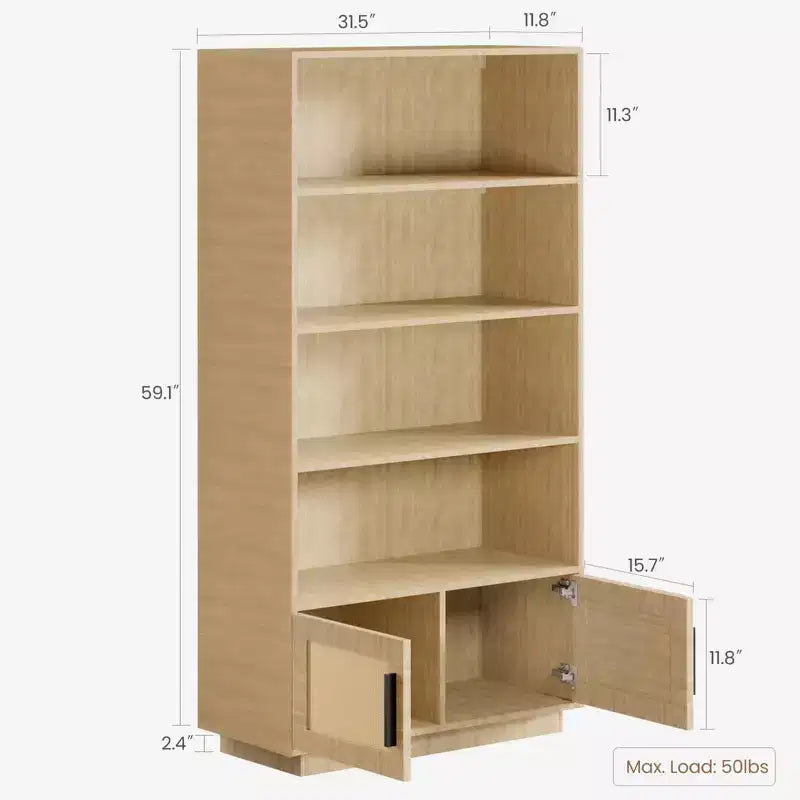 Libreria in rattan a 5 ripiani con armadietto e anta, libreria industriale alta 180,6 cm, libreria a 5 ripiani con struttura in metallo
