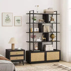 Libreria in rattan a 5 ripiani con armadietto e anta, libreria industriale alta 180,6 cm, libreria a 5 ripiani con struttura in metallo