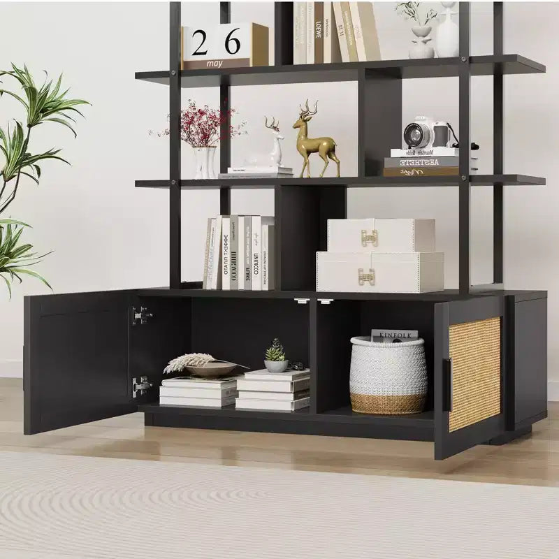 Libreria in rattan a 5 ripiani con armadietto e anta, libreria industriale alta 180,6 cm, libreria a 5 ripiani con struttura in metallo