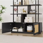 Libreria in rattan a 5 ripiani con armadietto e anta, libreria industriale alta 180,6 cm, libreria a 5 ripiani con struttura in metallo