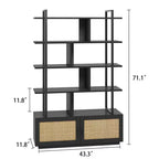Libreria in rattan a 5 ripiani con armadietto e anta, libreria industriale alta 180,6 cm, libreria a 5 ripiani con struttura in metallo