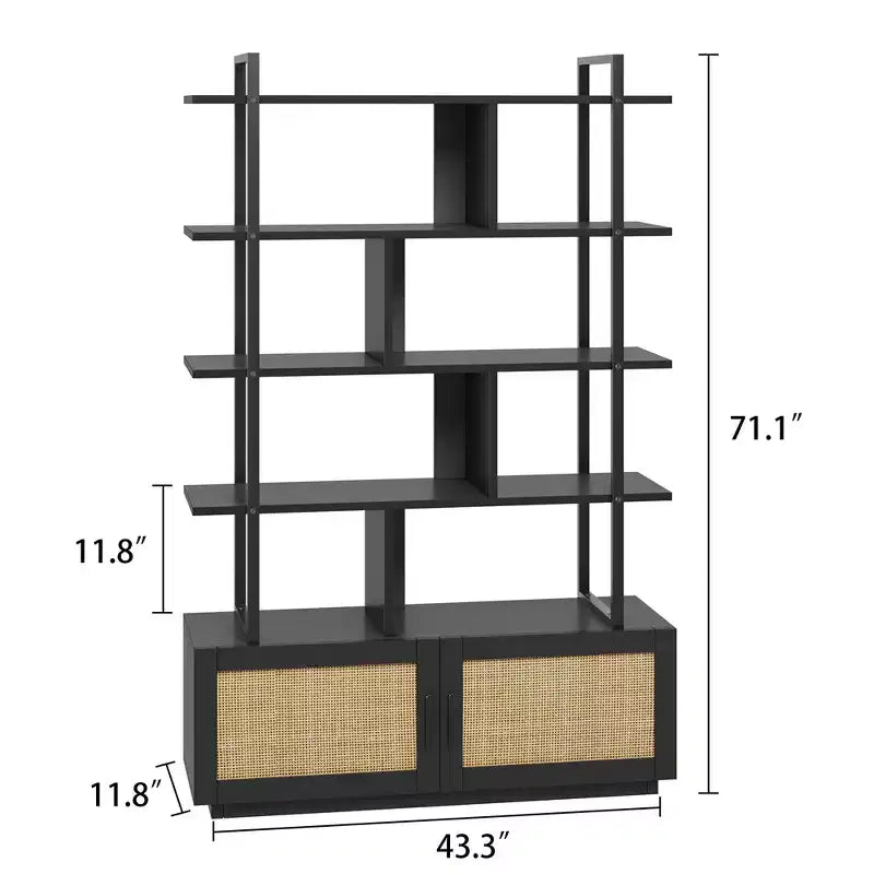 Libreria in rattan a 5 ripiani con armadietto e anta, libreria industriale alta 180,6 cm, libreria a 5 ripiani con struttura in metallo