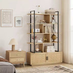 Libreria in rattan a 5 ripiani con armadietto e anta, libreria industriale alta 180,6 cm, libreria a 5 ripiani con struttura in metallo