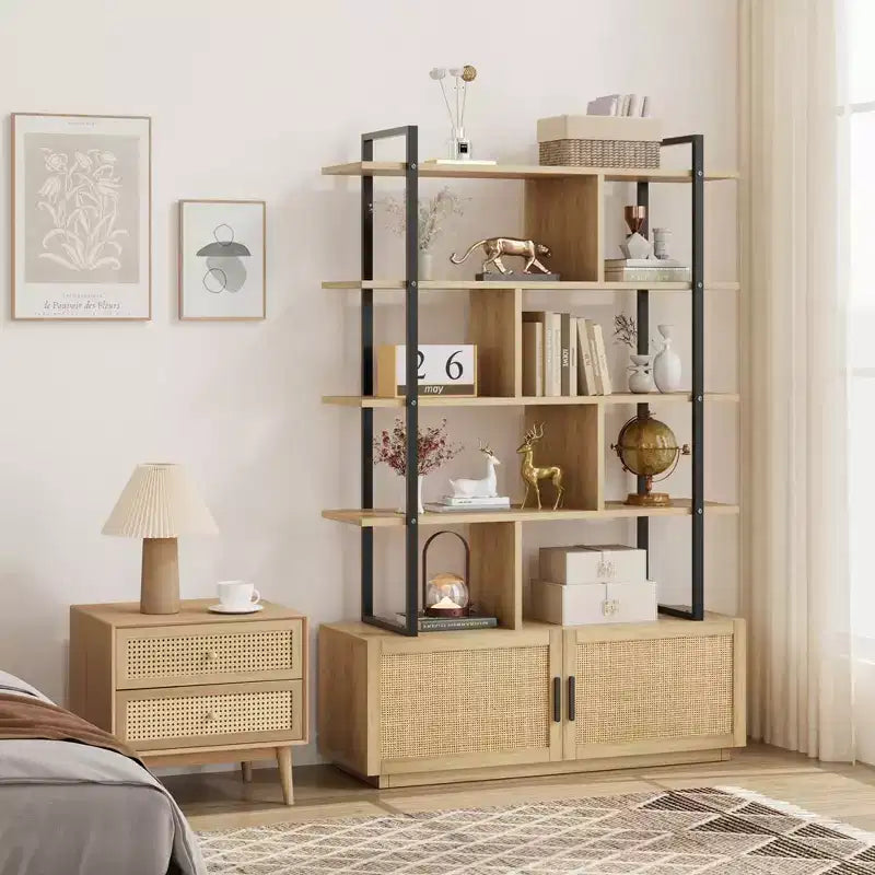 Libreria in rattan a 5 ripiani con armadietto e anta, libreria industriale alta 180,6 cm, libreria a 5 ripiani con struttura in metallo