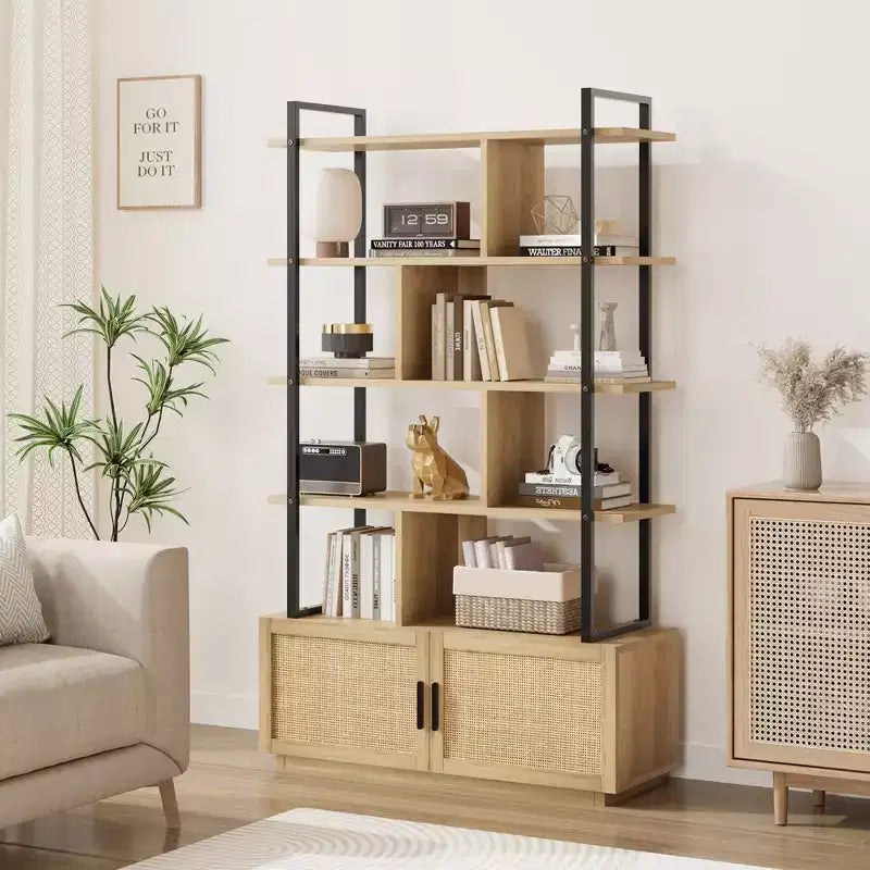 Libreria in rattan a 5 ripiani con armadietto e anta, libreria industriale alta 180,6 cm, libreria a 5 ripiani con struttura in metallo