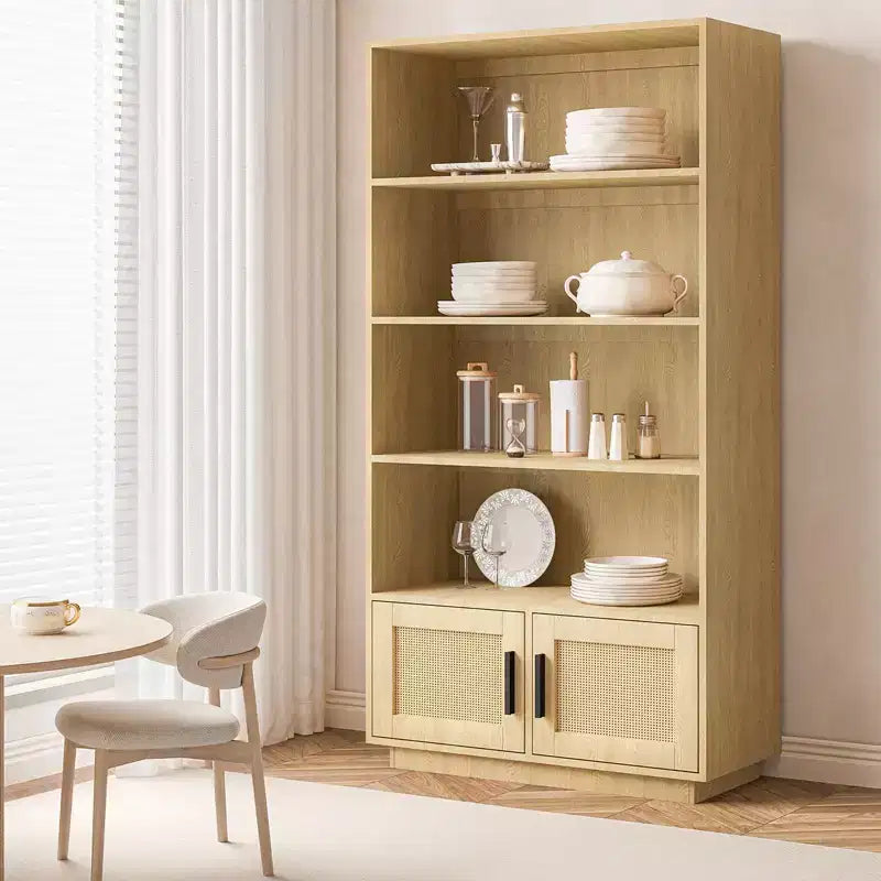 Libreria in rattan a 5 ripiani con armadietto e anta, libreria industriale alta 180,6 cm, libreria a 5 ripiani con struttura in metallo