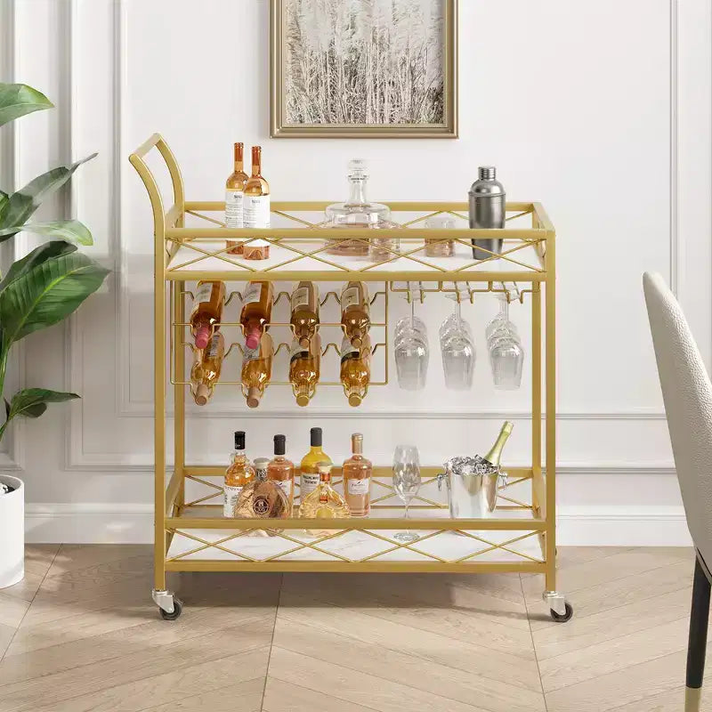 Carrelli da bar dorati con ripiani portaoggetti a 2 livelli, carrelli da portata mobili da cucina su ruote con portabottiglie e portabicchieri per cucina, soggiorno