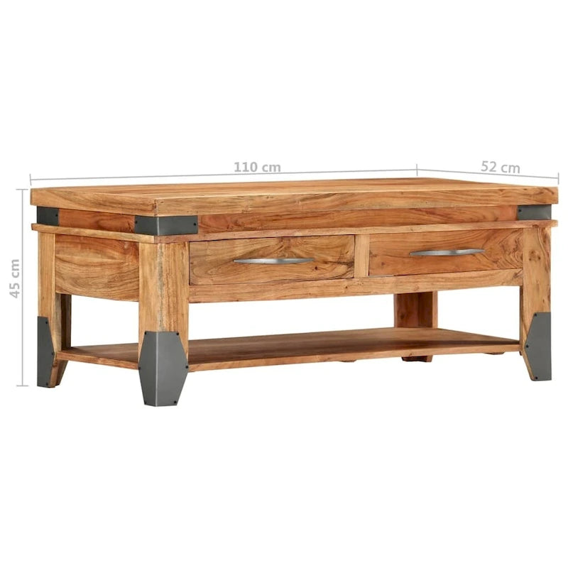 Tavolino da Caffè in Legno Massello di Acacia con 2 Cassetti e Ripiano | 109x51x46 cm