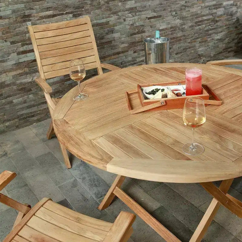 Tavolo da pranzo rotondo pieghevole per esterni Nordic Teak 47 in teak naturale - Beige