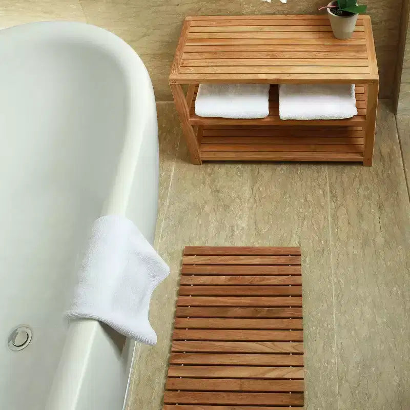 Panca contenitore Nordic Teak 28 o 40 in teak naturale per doccia e spa/bagno/esterno con ripiani - Beige