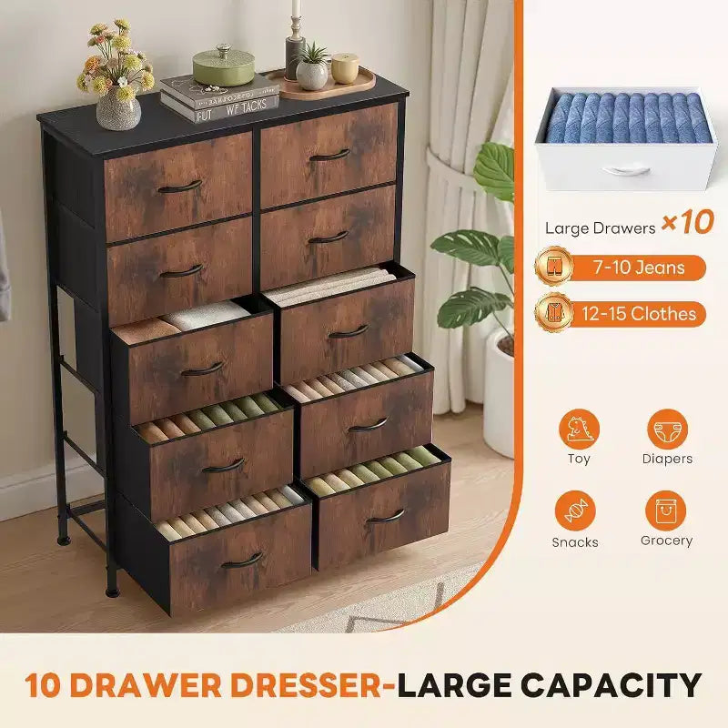 JIONJOY Cassettiera verticale a 10 cassetti - Comodino in tessuto rustico largo 80 cm per camera da letto/cameretta, struttura in acciaio