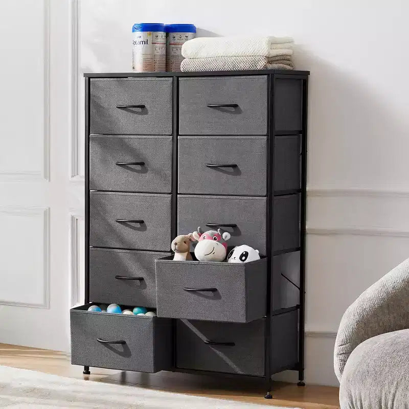 JIONJOY Cassettiera verticale a 10 cassetti - Comodino in tessuto rustico largo 80 cm per camera da letto/cameretta, struttura in acciaio