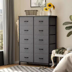 JIONJOY Cassettiera verticale a 10 cassetti - Comodino in tessuto rustico largo 80 cm per camera da letto/cameretta, struttura in acciaio