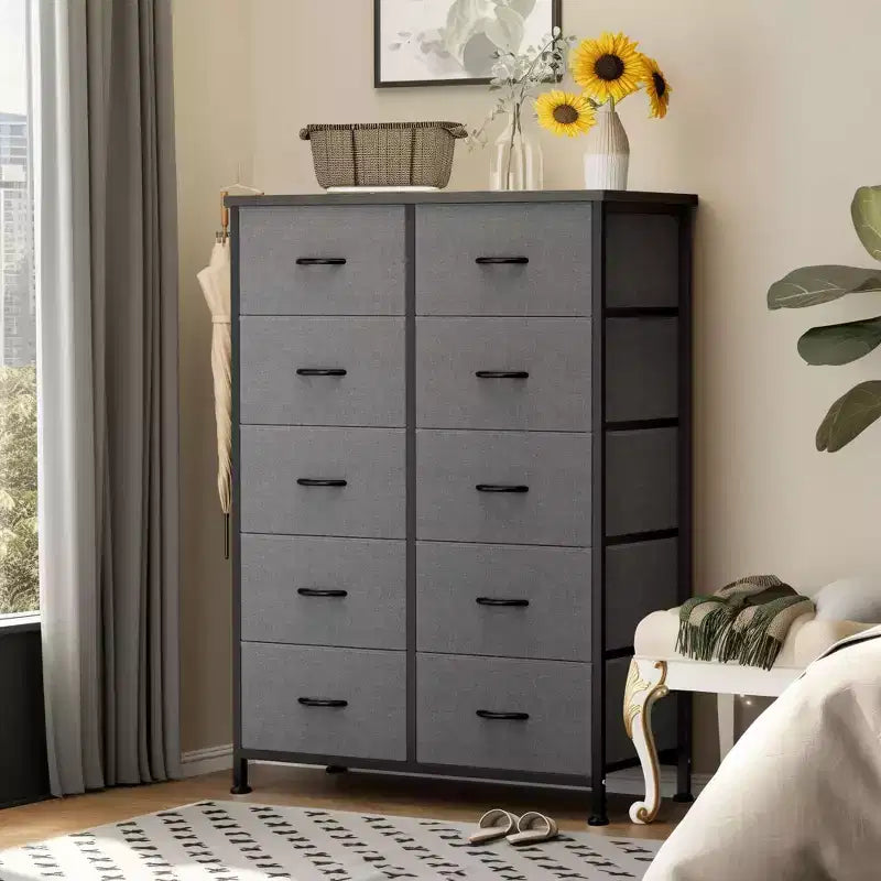 JIONJOY Cassettiera verticale a 10 cassetti - Comodino in tessuto rustico largo 80 cm per camera da letto/cameretta, struttura in acciaio