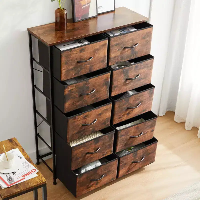 JIONJOY Cassettiera verticale a 10 cassetti - Comodino in tessuto rustico largo 80 cm per camera da letto/cameretta, struttura in acciaio