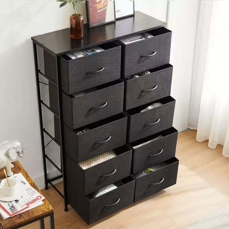 JIONJOY Cassettiera verticale a 10 cassetti - Comodino in tessuto rustico largo 80 cm per camera da letto/cameretta, struttura in acciaio