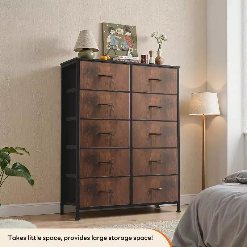 JIONJOY Cassettiera verticale a 10 cassetti - Comodino in tessuto rustico largo 80 cm per camera da letto/cameretta, struttura in acciaio