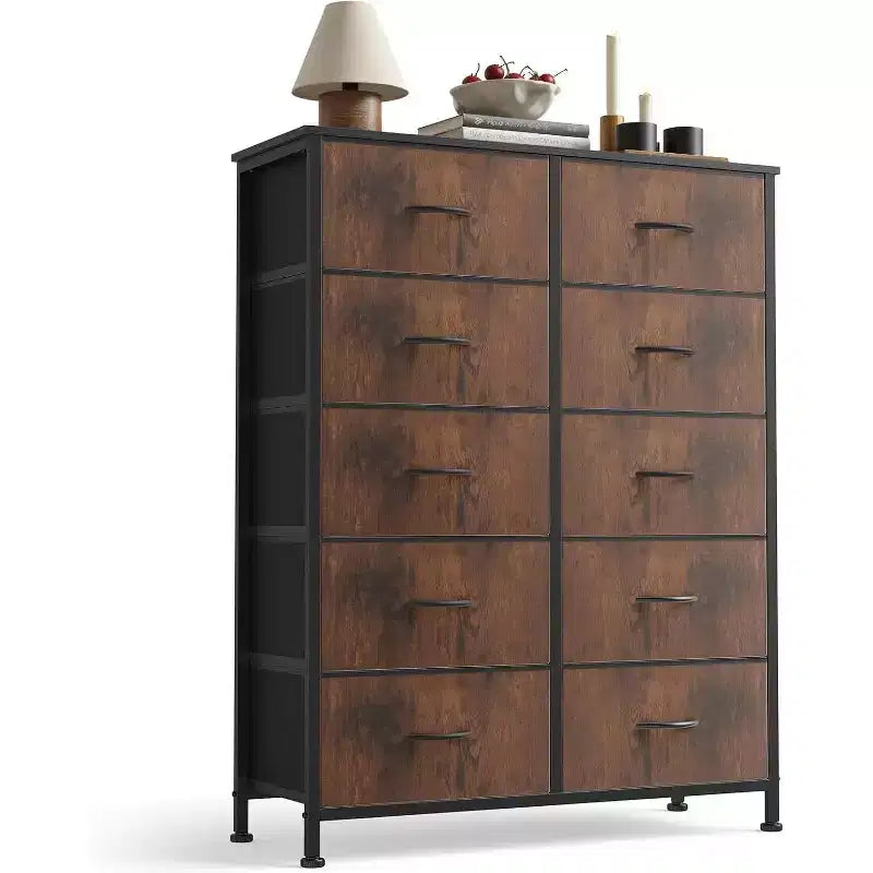 JIONJOY Cassettiera verticale a 10 cassetti - Comodino in tessuto rustico largo 80 cm per camera da letto/cameretta, struttura in acciaio