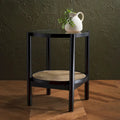 Tavolino con due ripiani in rattan intrecciato e vetro temperato, gambe in legno di olmo, 23"L
