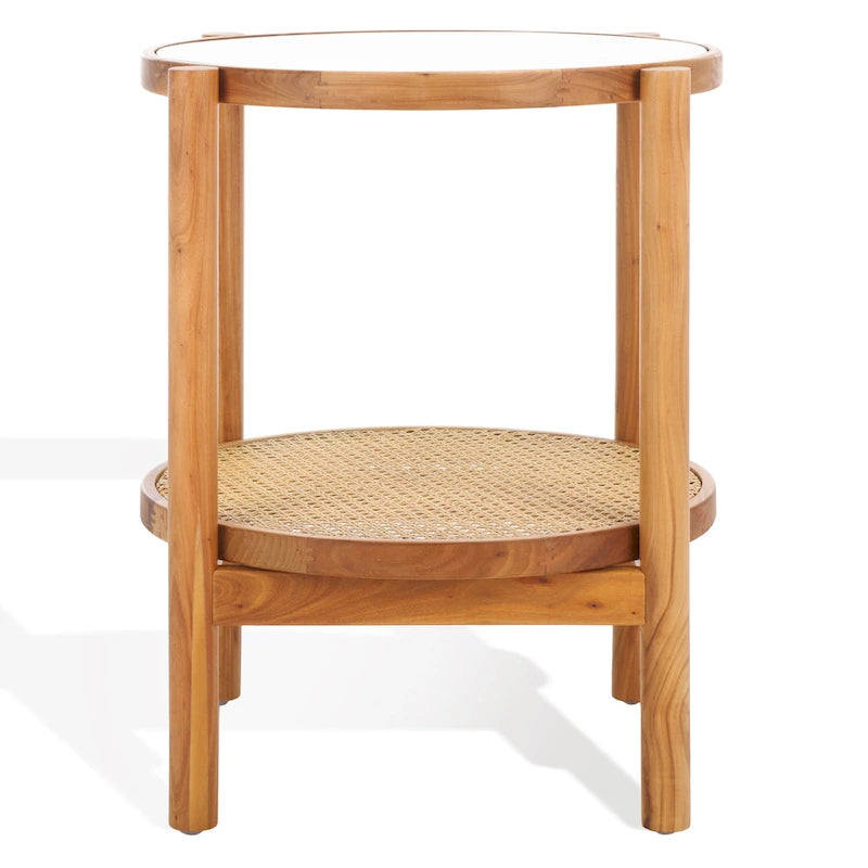 Tavolino con due ripiani in rattan intrecciato e vetro temperato, gambe in legno di olmo, 23"L
