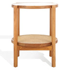 Tavolino con due ripiani in rattan intrecciato e vetro temperato, gambe in legno di olmo, 23"L