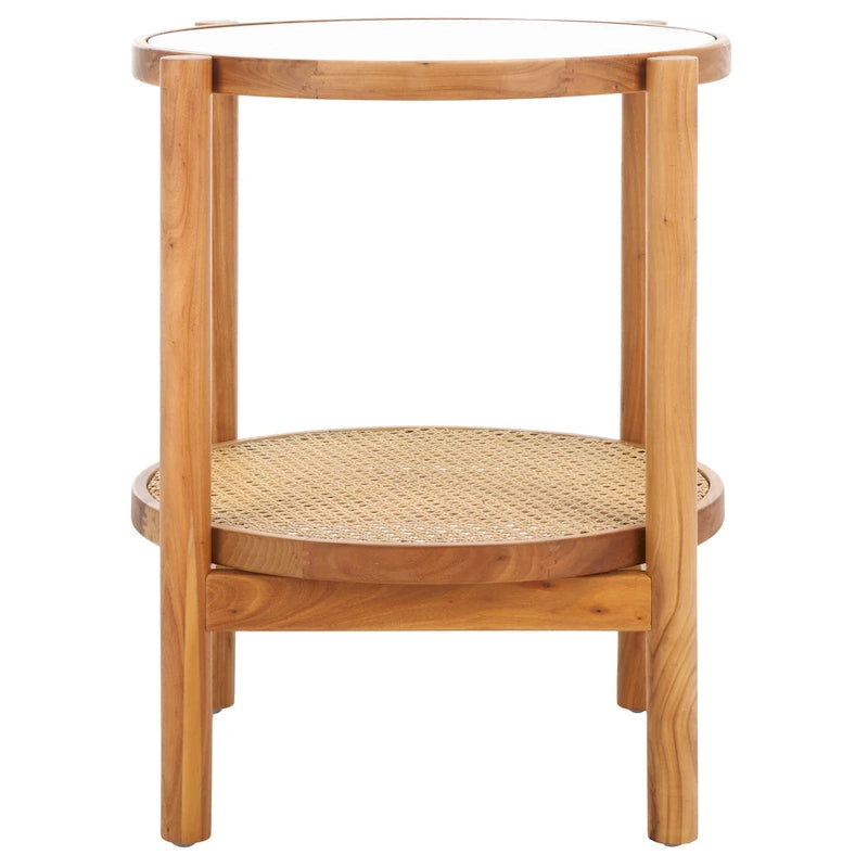 Tavolino con due ripiani in rattan intrecciato e vetro temperato, gambe in legno di olmo, 23"L