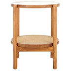 Tavolino con due ripiani in rattan intrecciato e vetro temperato, gambe in legno di olmo, 23"L