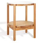 Tavolino con due ripiani in rattan intrecciato e vetro temperato, gambe in legno di olmo, 23"L