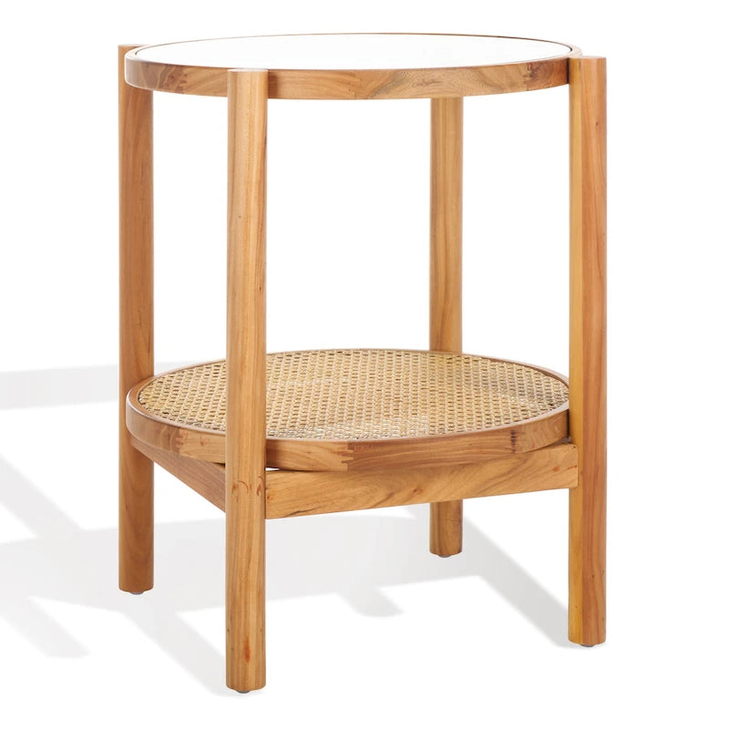 Tavolino con due ripiani in rattan intrecciato e vetro temperato, gambe in legno di olmo, 23"L
