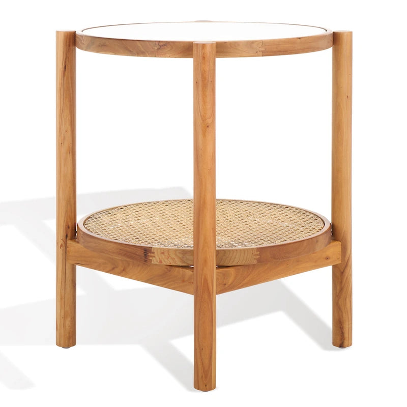 Tavolino con due ripiani in rattan intrecciato e vetro temperato, gambe in legno di olmo, 23"L
