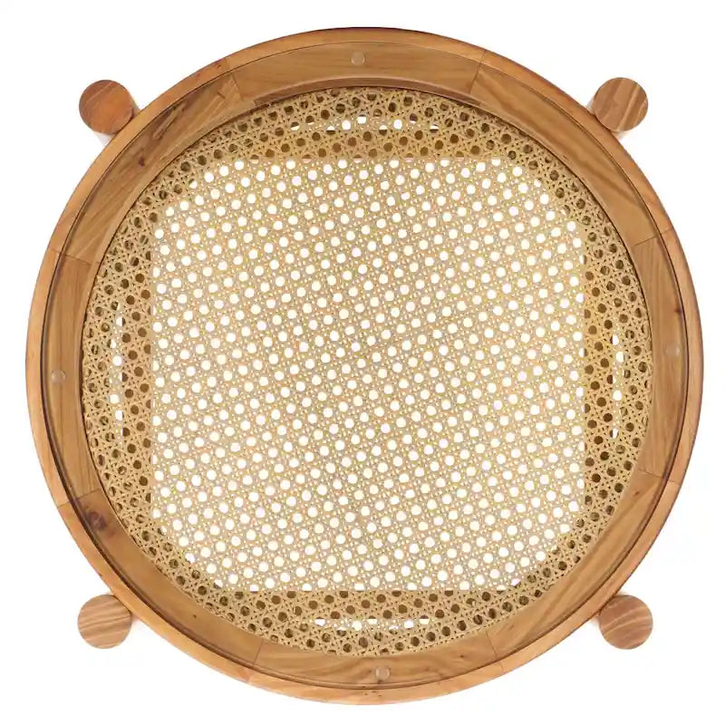 Tavolino con due ripiani in rattan intrecciato e vetro temperato, gambe in legno di olmo, 23"L