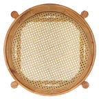 Tavolino con due ripiani in rattan intrecciato e vetro temperato, gambe in legno di olmo, 23"L