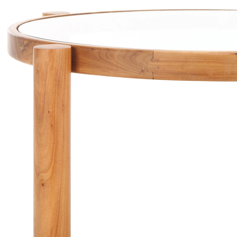 Tavolino con due ripiani in rattan intrecciato e vetro temperato, gambe in legno di olmo, 23"L