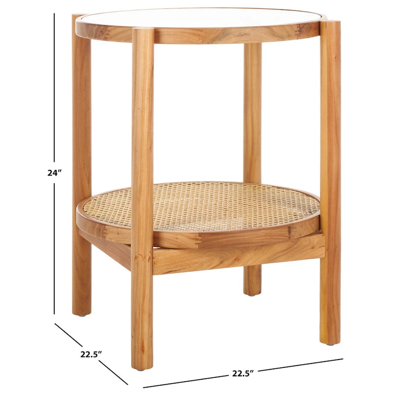 Tavolino con due ripiani in rattan intrecciato e vetro temperato, gambe in legno di olmo, 23"L