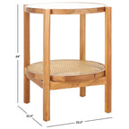 Tavolino con due ripiani in rattan intrecciato e vetro temperato, gambe in legno di olmo, 23"L