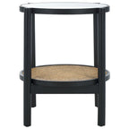 Tavolino con due ripiani in rattan intrecciato e vetro temperato, gambe in legno di olmo, 23"L