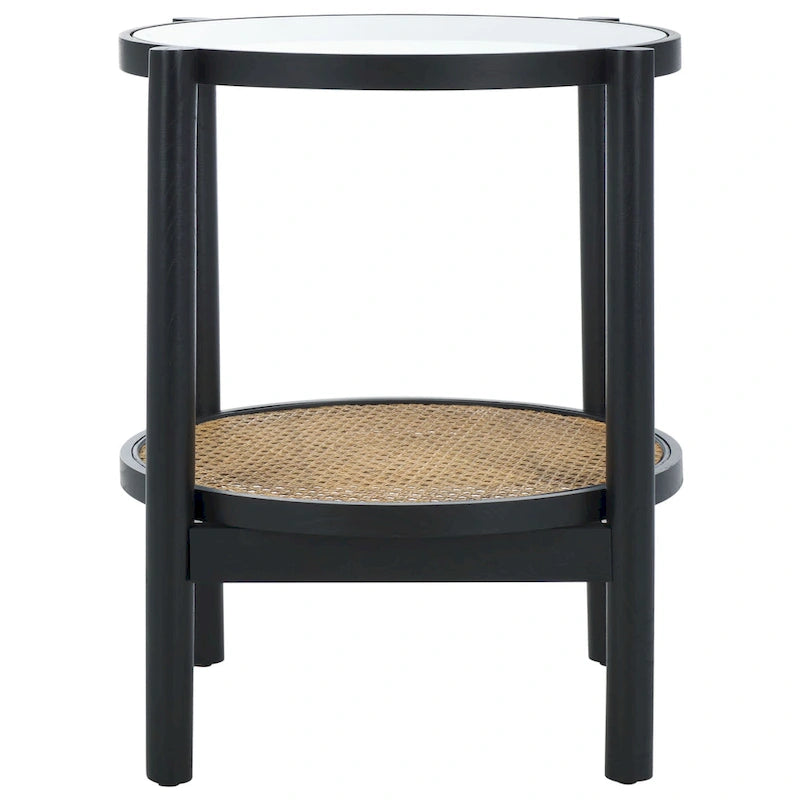 Tavolino con due ripiani in rattan intrecciato e vetro temperato, gambe in legno di olmo, 23"L