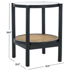 Tavolino con due ripiani in rattan intrecciato e vetro temperato, gambe in legno di olmo, 23"L