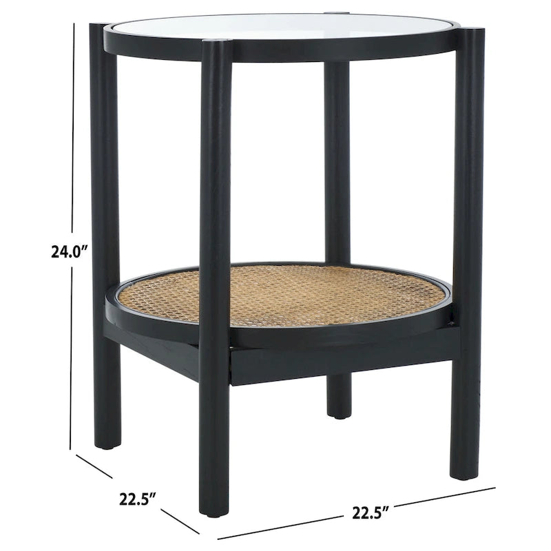 Tavolino con due ripiani in rattan intrecciato e vetro temperato, gambe in legno di olmo, 23"L