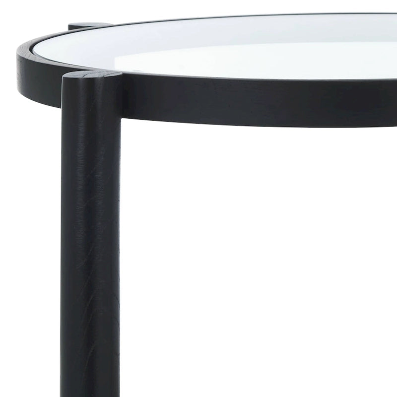 Tavolino con due ripiani in rattan intrecciato e vetro temperato, gambe in legno di olmo, 23"L