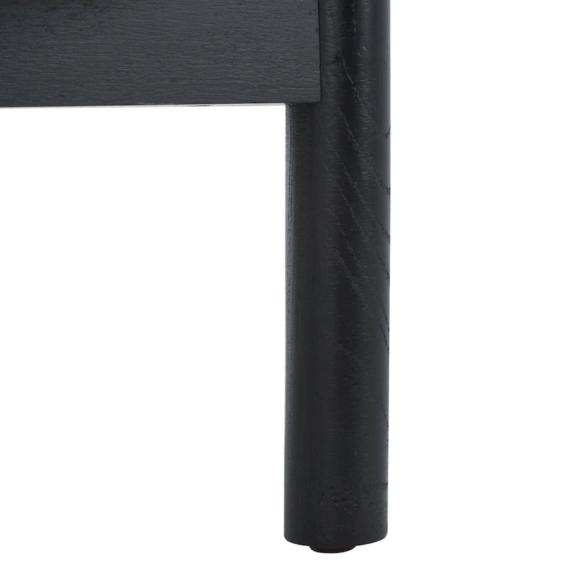 Tavolino con due ripiani in rattan intrecciato e vetro temperato, gambe in legno di olmo, 23"L
