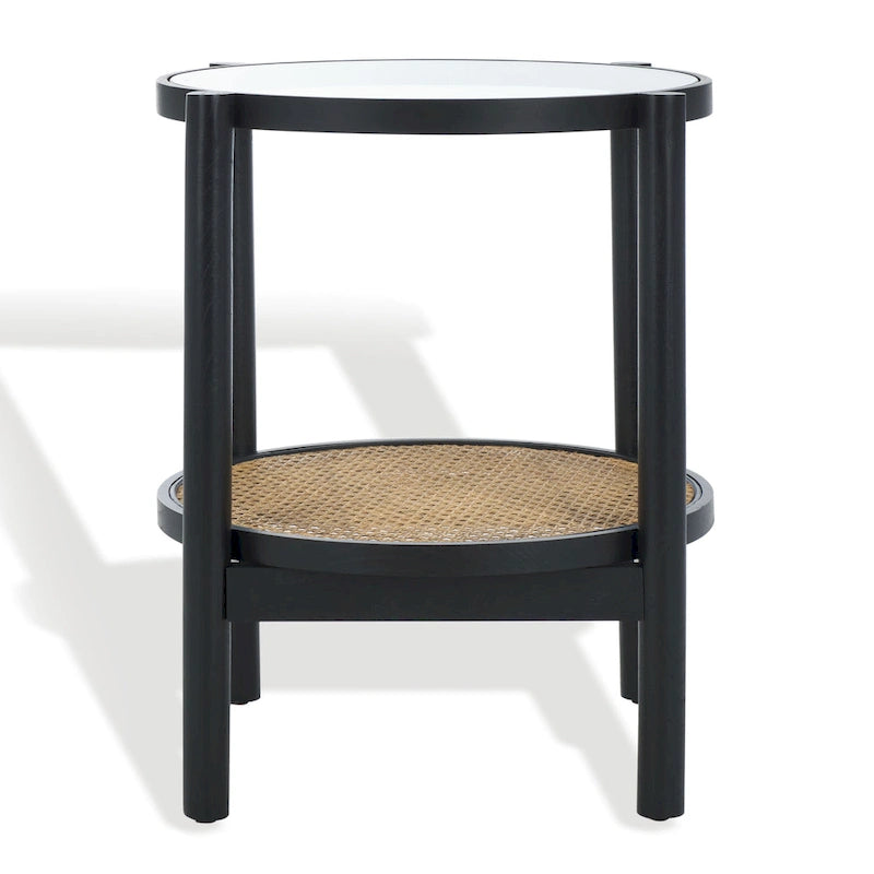 Tavolino con due ripiani in rattan intrecciato e vetro temperato, gambe in legno di olmo, 23"L