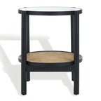 Tavolino con due ripiani in rattan intrecciato e vetro temperato, gambe in legno di olmo, 23"L