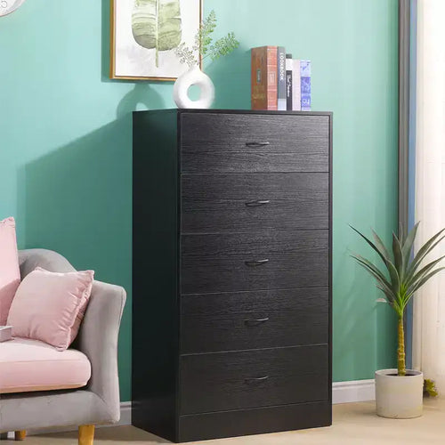 5 Drawer Dresser for Bedroom Tall Modern Chest of Drawers Steel Frame MDF Storage Black