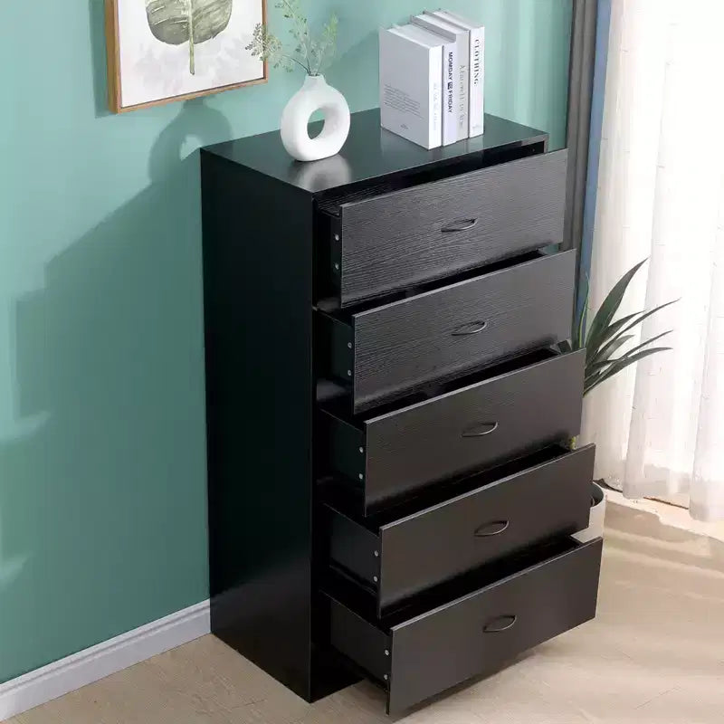 Cassettiera a 5 cassetti per camera da letto, alta, moderna, struttura in acciaio, in MDF, contenitore, nera