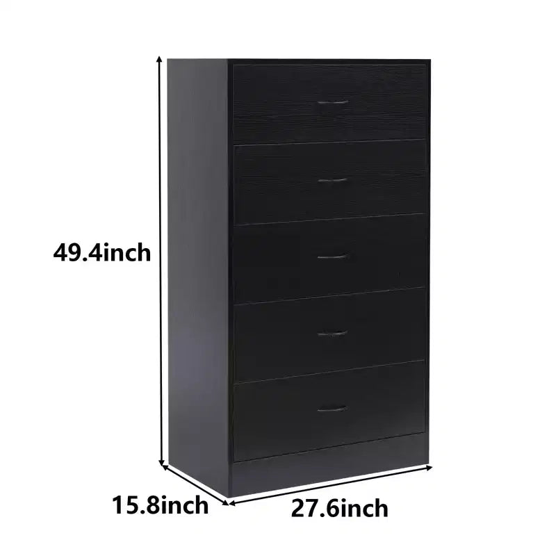 Cassettiera a 5 cassetti per camera da letto, alta, moderna, struttura in acciaio, in MDF, contenitore, nera