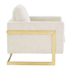 Poltrona con braccioli LeisureMod Lincoln rivestita in Bouclé con struttura in acciaio inossidabile dorato